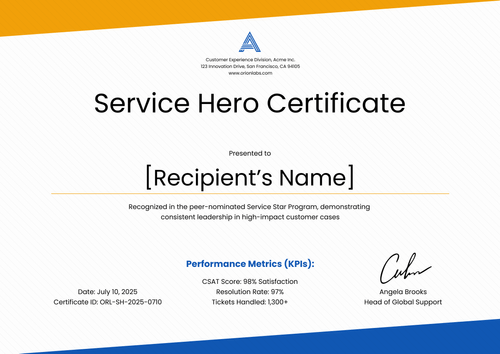 Customer Service Certificate Template — Landscape Customer Service Certificate Template — Landscape