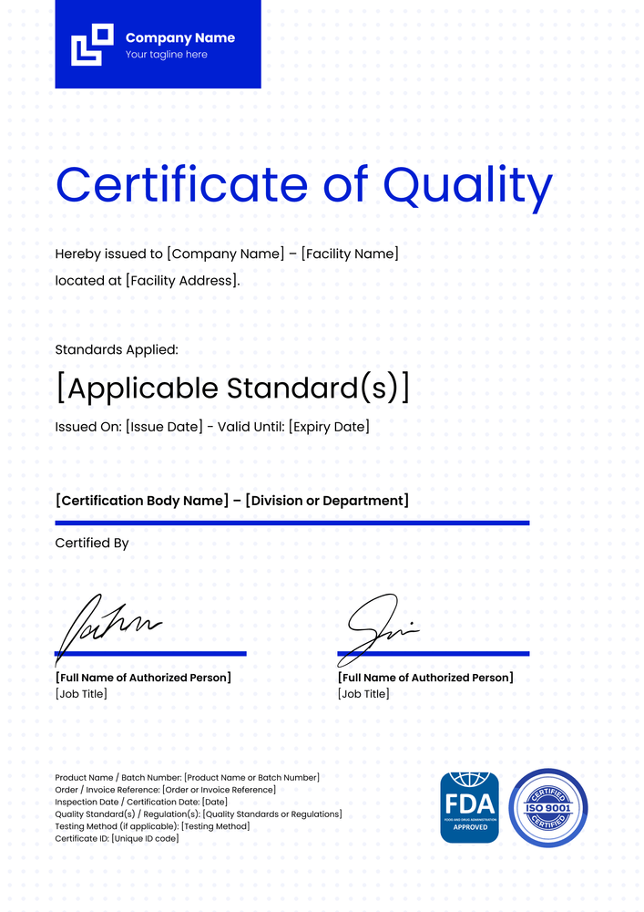Certificate of Quality Template – Portrait Certificate of Quality Template – Portrait