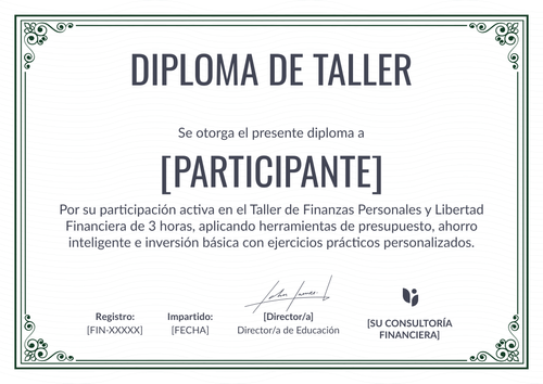 Modelo de certificado de taller tradicional y profesional – Horizontal Modelo de certificado de taller tradicional y profesional – Horizontal