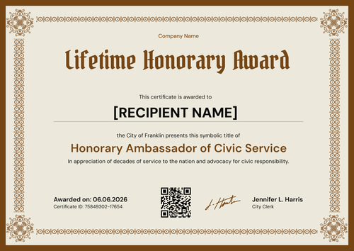 Decorative Honorary Certificate Template - Landscape Decorative Honorary Certificate Template - Landscape
