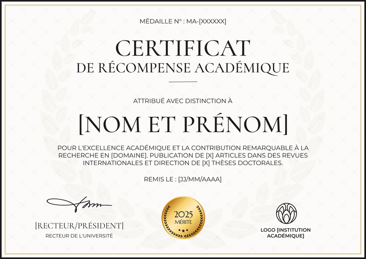 Modèle de certificat de récompense académique épuré et professionnel Modèle de certificat de récompense académique épuré et professionnel