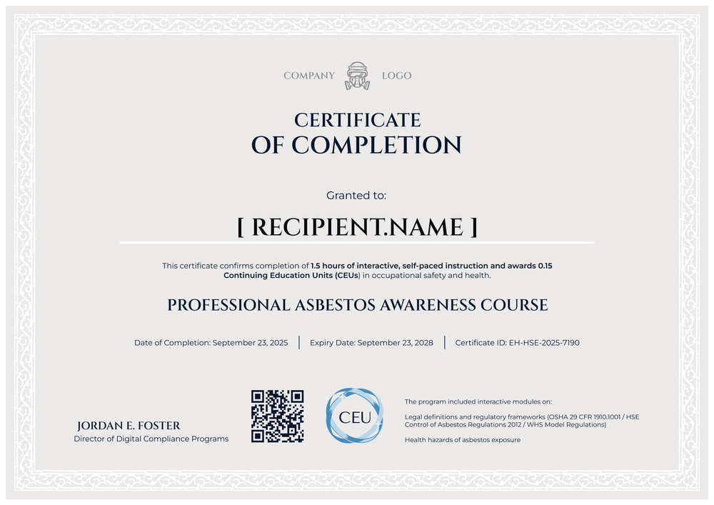 Asbestos Awareness Training Certificate Template - Landscape Asbestos Awareness Training Certificate Template - Landscape