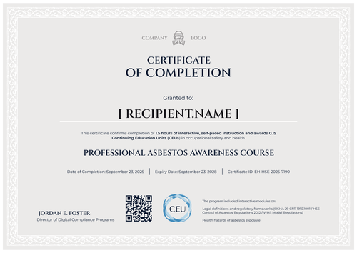 Asbestos Awareness Training Certificate Template - Landscape Asbestos Awareness Training Certificate Template - Landscape