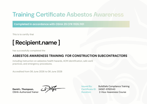 Asbestos Awareness Training Certificate Template – Landscape Asbestos Awareness Training Certificate Template – Landscape