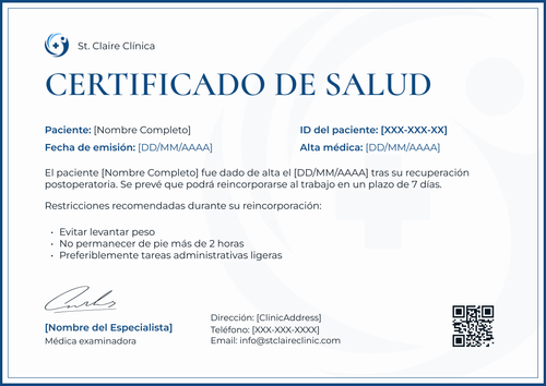 Modelo de certificado médico profesional y elegante – Horizontal Modelo de certificado médico profesional y elegante – Horizontal