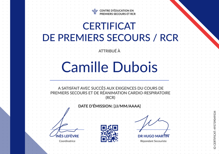 Modèle de certificat de premiers secours professionnel et attractif Modèle de certificat de premiers secours professionnel et attractif