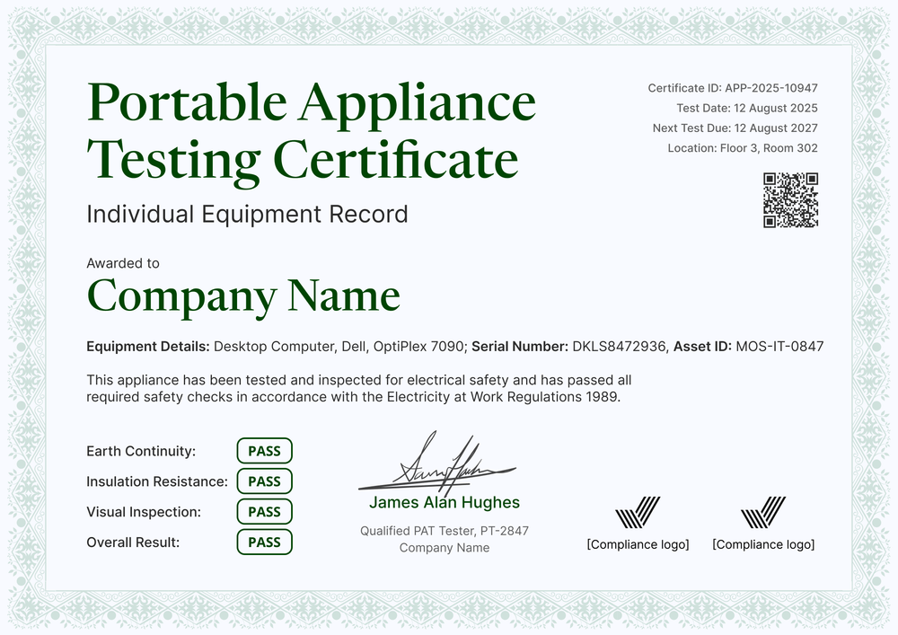 Modern PAT Testing Certificate Template – Landscape Modern PAT Testing Certificate Template – Landscape