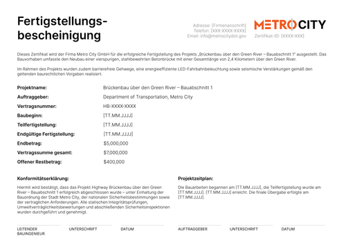 Fertigstellungsbescheinigung Vorlage online bearbeiten - Querformat Fertigstellungsbescheinigung Vorlage online bearbeiten - Querformat