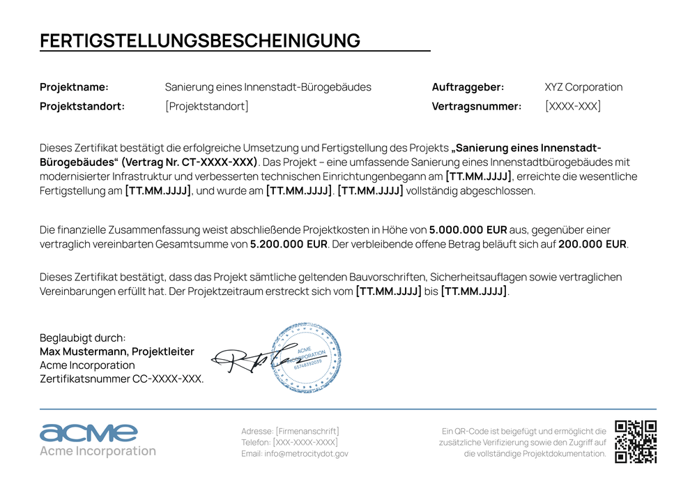 Fertigstellungsbescheinigung Vorlage jetzt anpassen - Querformat Fertigstellungsbescheinigung Vorlage jetzt anpassen - Querformat