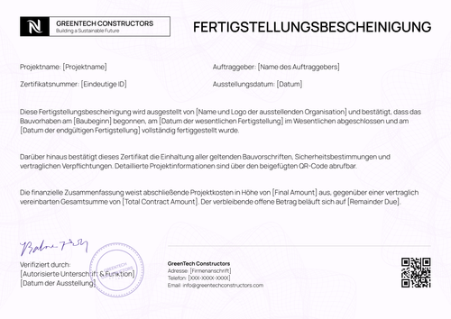 Fertigstellungsbescheinigung Vorlage kostenlos nutzen - Querformat Fertigstellungsbescheinigung Vorlage kostenlos nutzen - Querformat