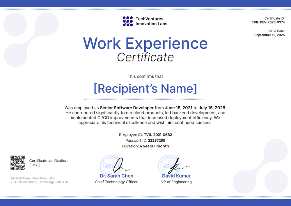 Simple Work Experience Certificate Template - Landscape Simple Work Experience Certificate Template - Landscape
