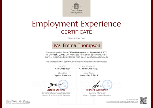 Simple Work Experience Certificate Template - Landscape Simple Work Experience Certificate Template - Landscape