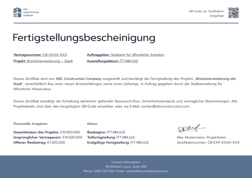 Fertigstellungsbescheinigung Vorlage – Querformat Fertigstellungsbescheinigung Vorlage – Querformat