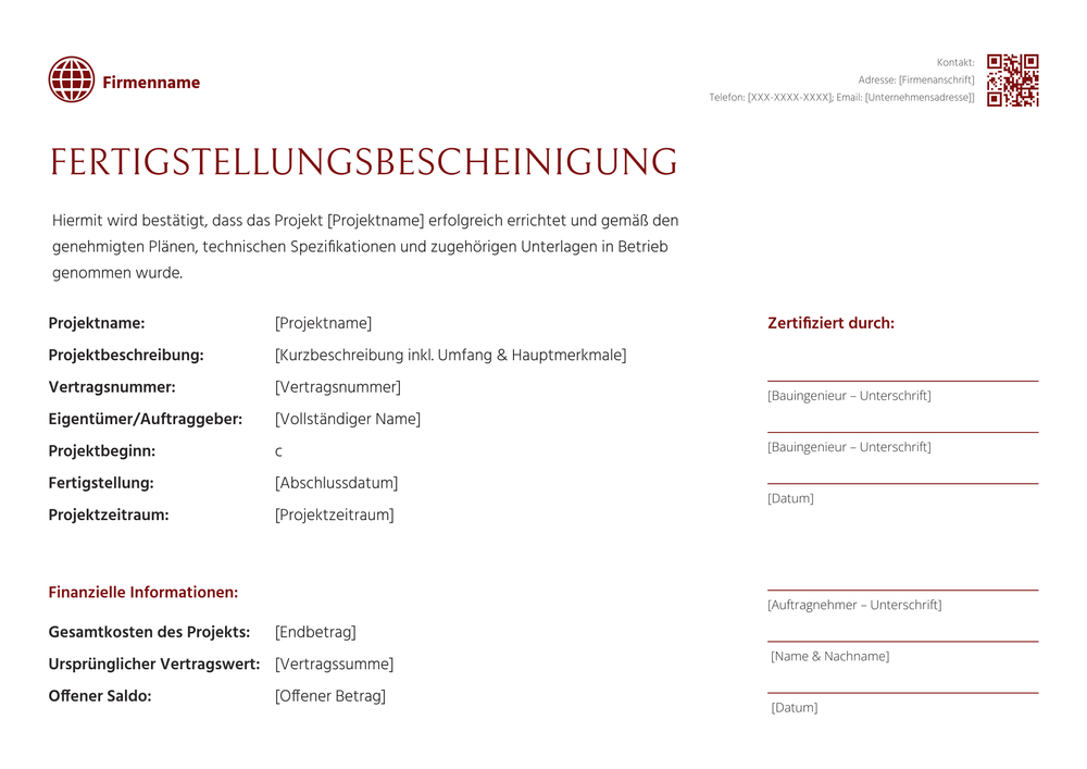 Jetzt einfache Fertigstellungsbescheinigung Vorlage editieren - Querformat Jetzt einfache Fertigstellungsbescheinigung Vorlage editieren - Querformat