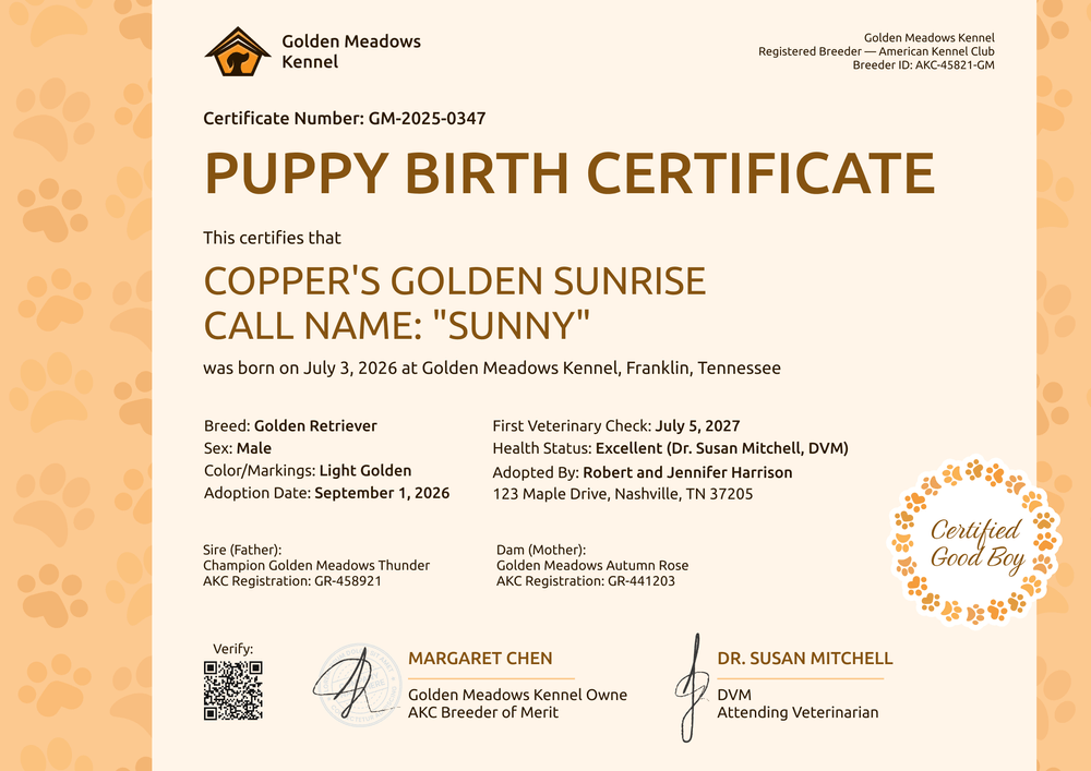Puppy Birth Certificate Template – Landscape Puppy Birth Certificate Template – Landscape