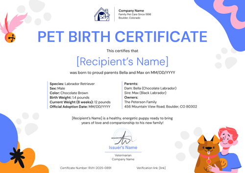 Pet Birth Certificate Template – Landscape Pet Birth Certificate Template – Landscape