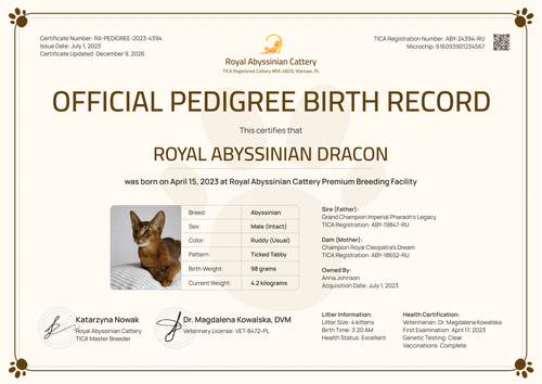 Professional Cat Birth Certificate Template for Breeders - Landscape Professional Cat Birth Certificate Template for Breeders - Landscape