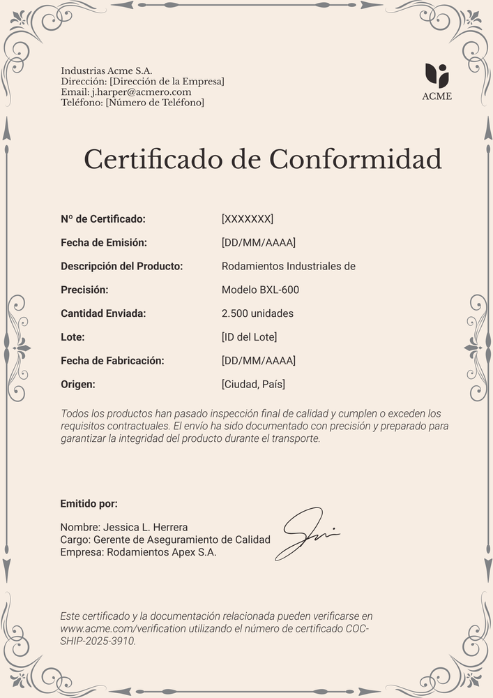 Certificado de conformidad decorativo – Portrait Certificado de conformidad decorativo – Portrait