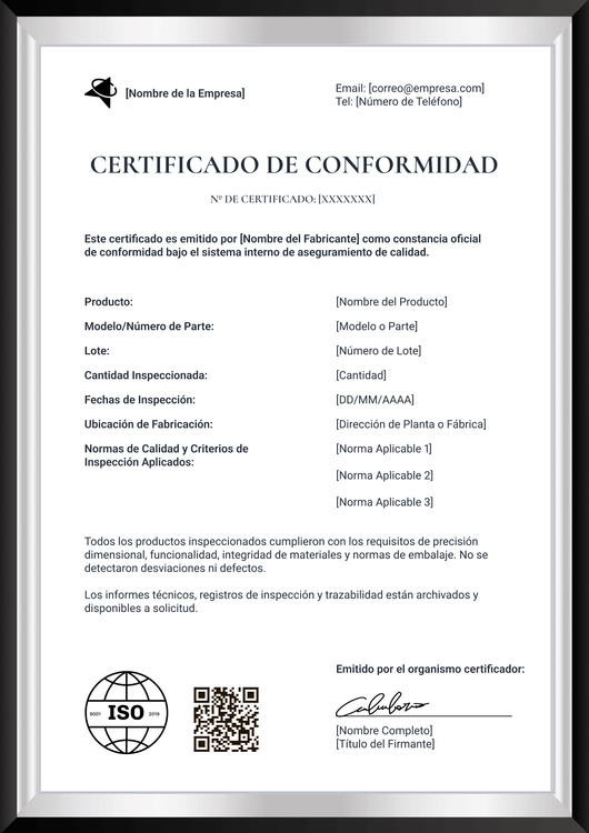 Certificado de conformidad enmarcado – Portrait Certificado de conformidad enmarcado – Portrait