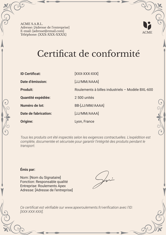Modèle certificat de conformité – Portrait Modèle certificat de conformité – Portrait