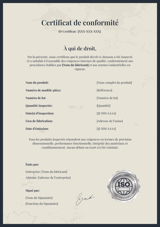 Modèle certificat de conformité – Portrait Modèle certificat de conformité – Portrait