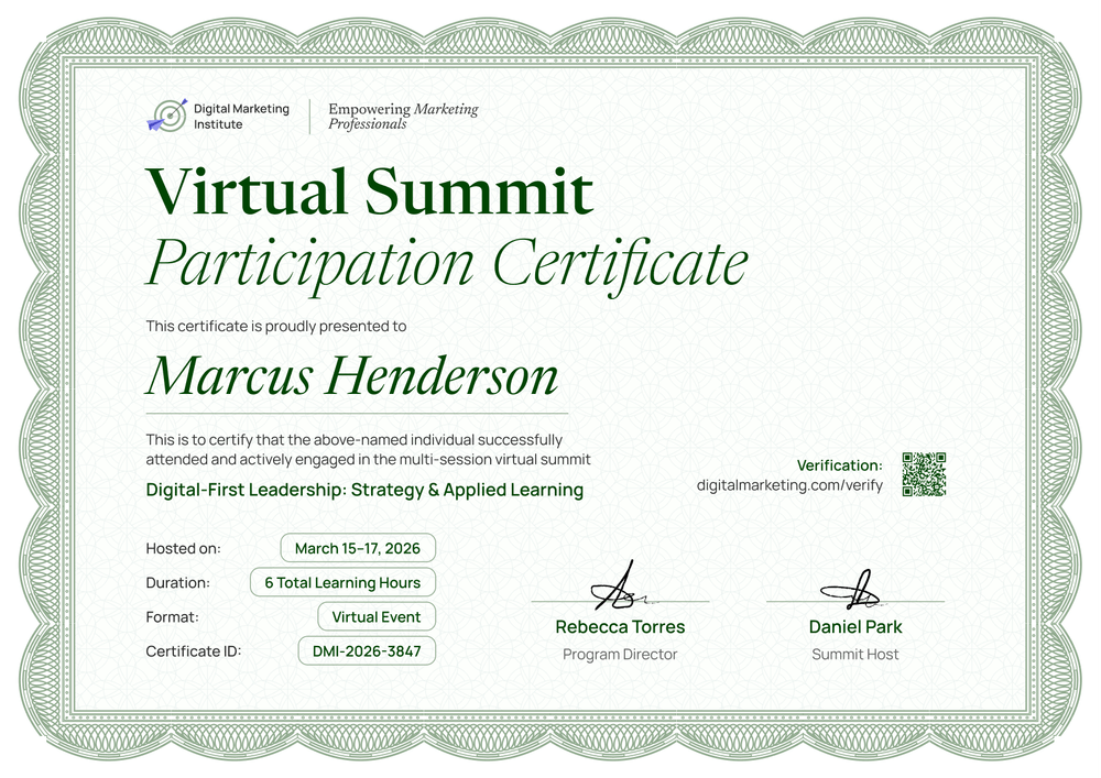 Green certificate of participation in virtual summit template Green certificate of participation in virtual summit template