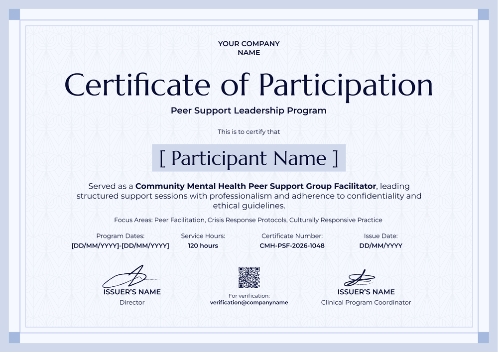 Boost the impact of community facilitators with our participation certificate template. Designed for peer support programs, mental health initiatives, and leadership training. Boost the impact of community facilitators with our participation certificate template. Designed for peer support programs, mental health initiatives, and leadership training.