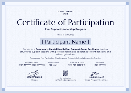Boost the impact of community facilitators with our participation certificate template. Designed for peer support programs, mental health initiatives, and leadership training. Boost the impact of community facilitators with our participation certificate template. Designed for peer support programs, mental health initiatives, and leadership training.