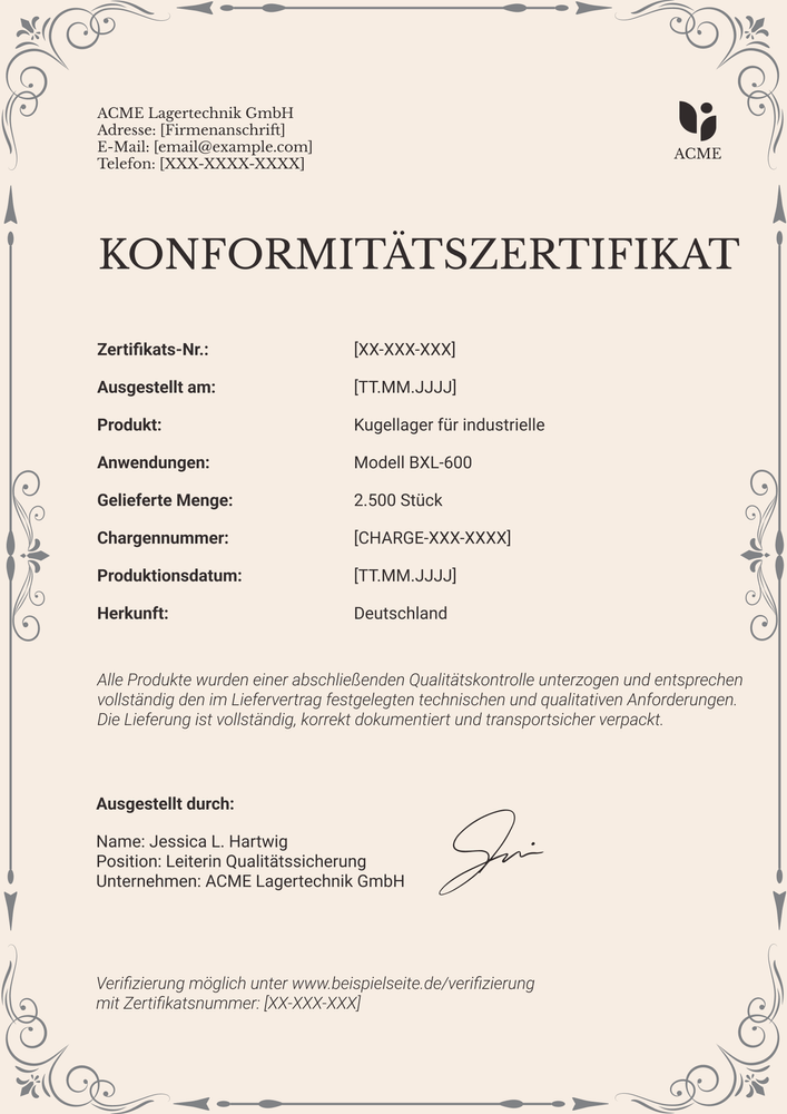 Konformitätszertifikat Vorlage – Hochformat Konformitätszertifikat Vorlage – Hochformat
