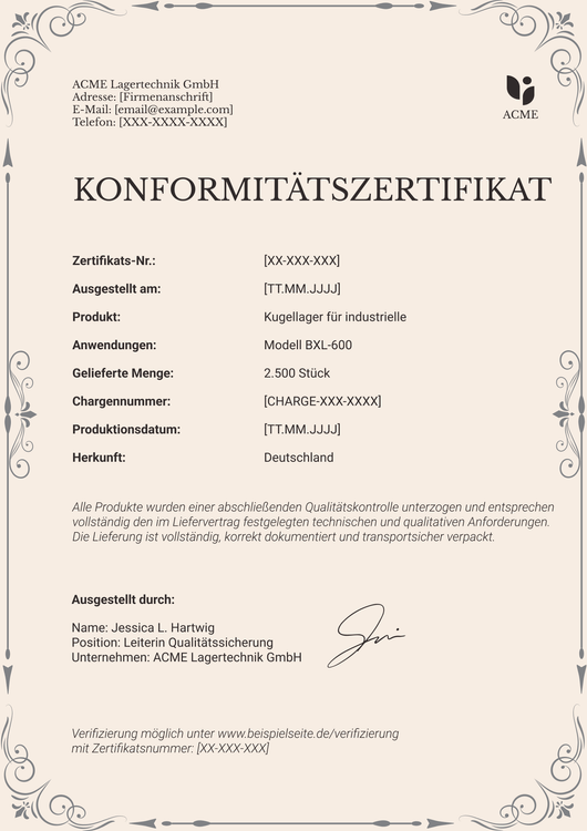 Konformitätszertifikat Vorlage – Hochformat Konformitätszertifikat Vorlage – Hochformat