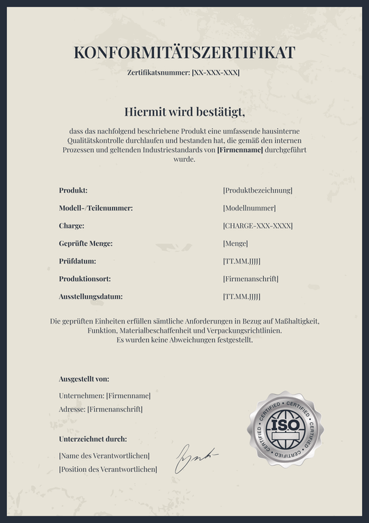 Konformitätszertifikat Vorlage – Hochformat Konformitätszertifikat Vorlage – Hochformat