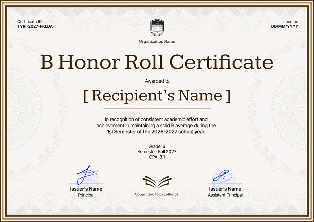 Free B Honor Roll Certificate Template to Edit in Certifier - Landscape Free B Honor Roll Certificate Template to Edit in Certifier - Landscape