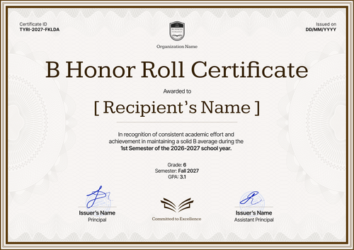 Free B Honor Roll Certificate Template to Edit in Certifier - Landscape Free B Honor Roll Certificate Template to Edit in Certifier - Landscape