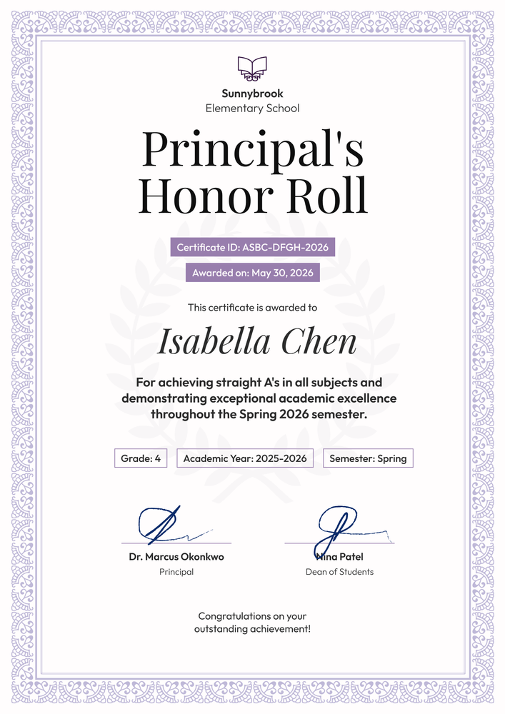 Prestigious Free Principal's Honor Roll Certificate Template - Portrait Prestigious Free Principal's Honor Roll Certificate Template - Portrait