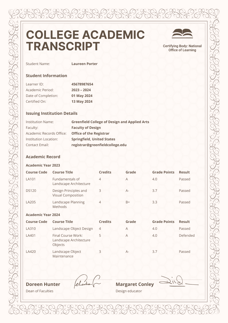 Beige College Academic Transcript Beige College Academic Transcript