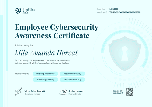 Professional mint green employee cybersecurity awareness certificate template Professional mint green employee cybersecurity awareness certificate template