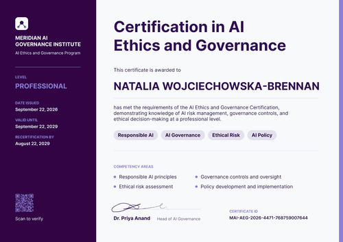 Modern purple AI ethics and governance professional certificate template Modern purple AI ethics and governance professional certificate template