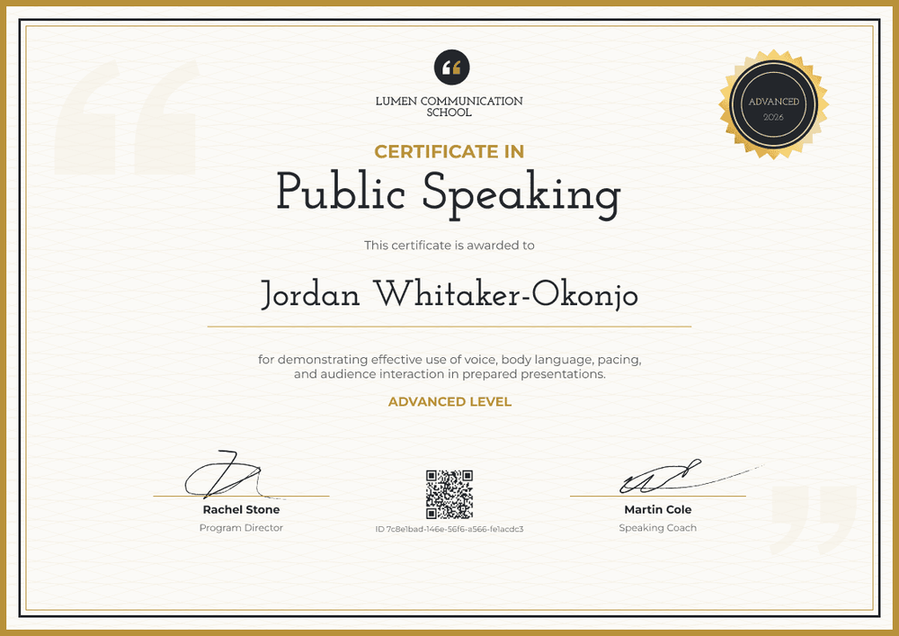 Advanced Public Speaking Certificate Advanced Public Speaking Certificate
