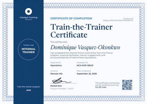 Internal Trainer Train-the-Trainer Certificate Internal Trainer Train-the-Trainer Certificate